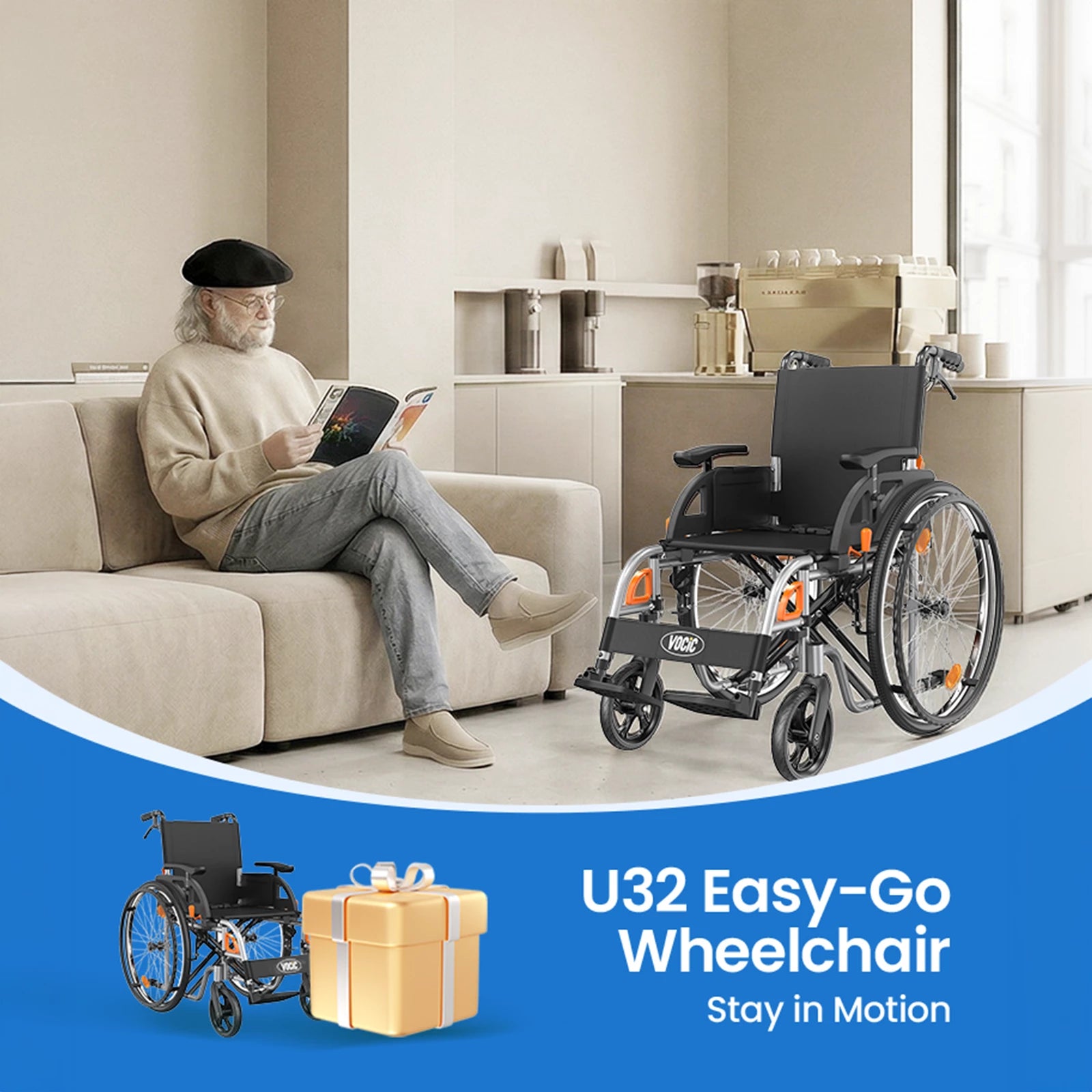 VOCIC Ultra Lightweight Manual Wheelchair, U32