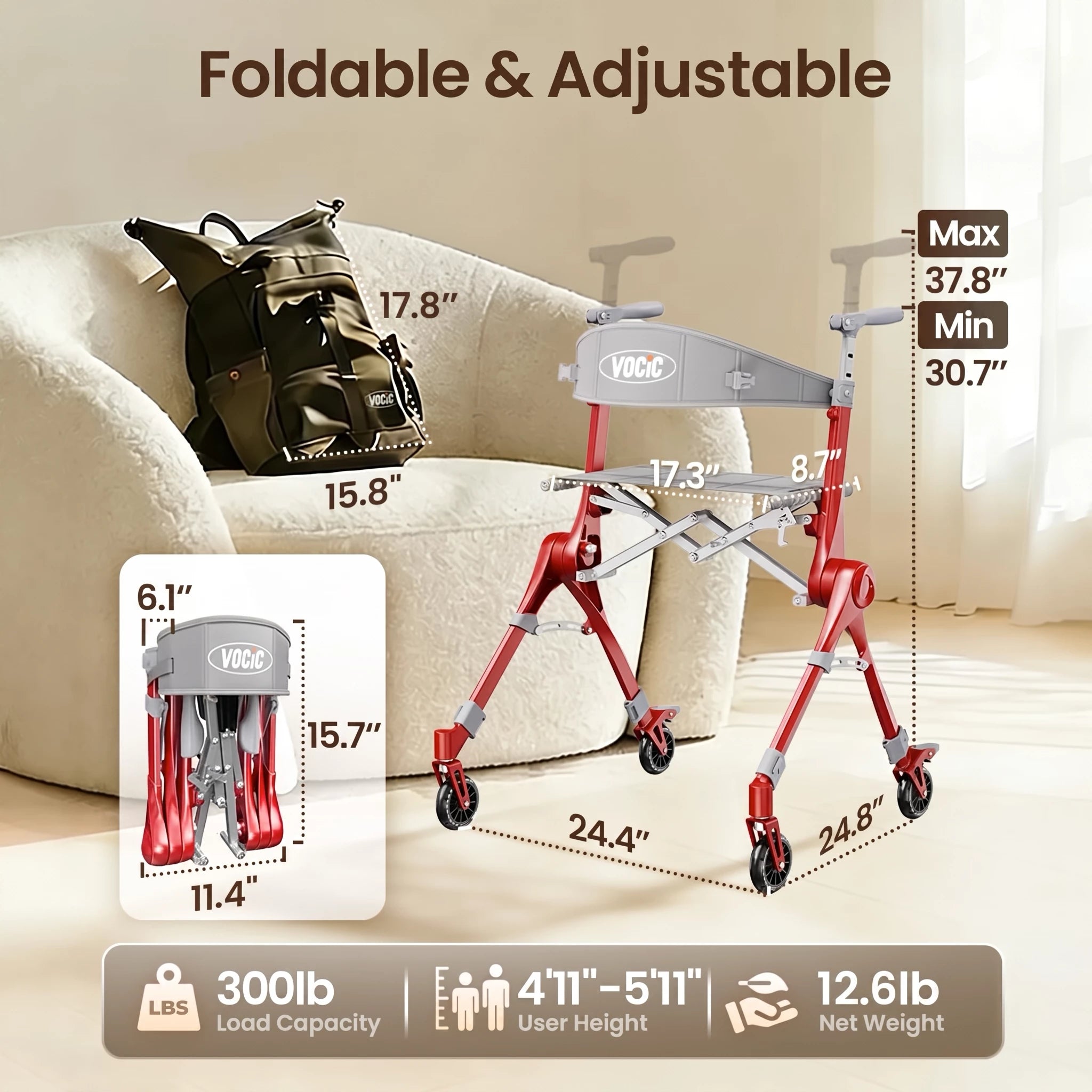 VOCIC Z35 PackGo Foldable Lightweight Rollator Walker