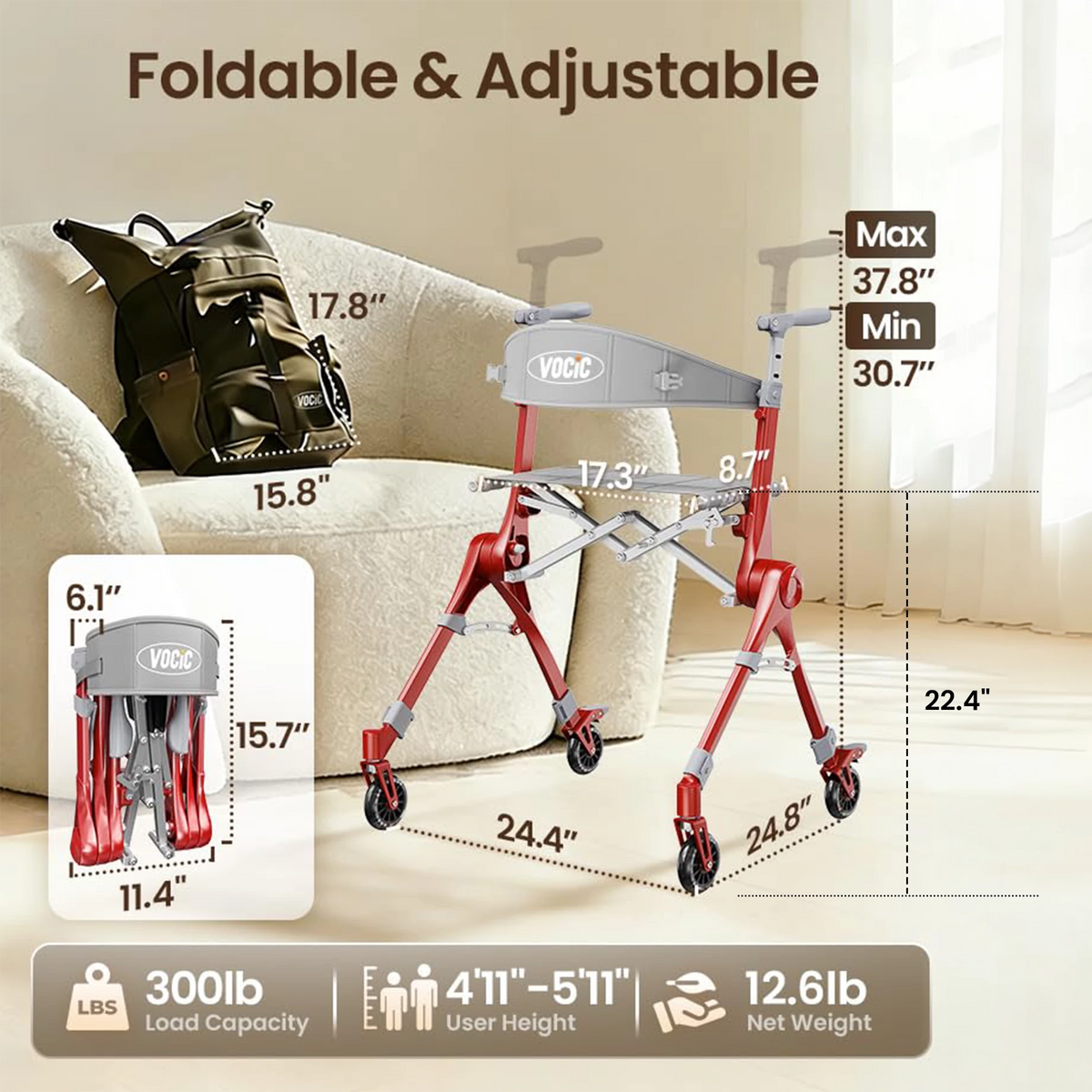 VOCIC Z35 PackGo Foldable Lightweight Rollator Walker