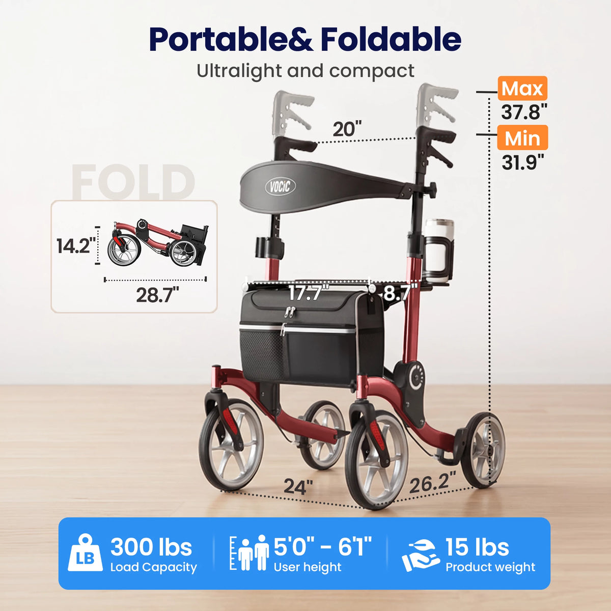 VOCIC 9.5" Wheels Ultralight Walker for Seniors with Seat, Z36