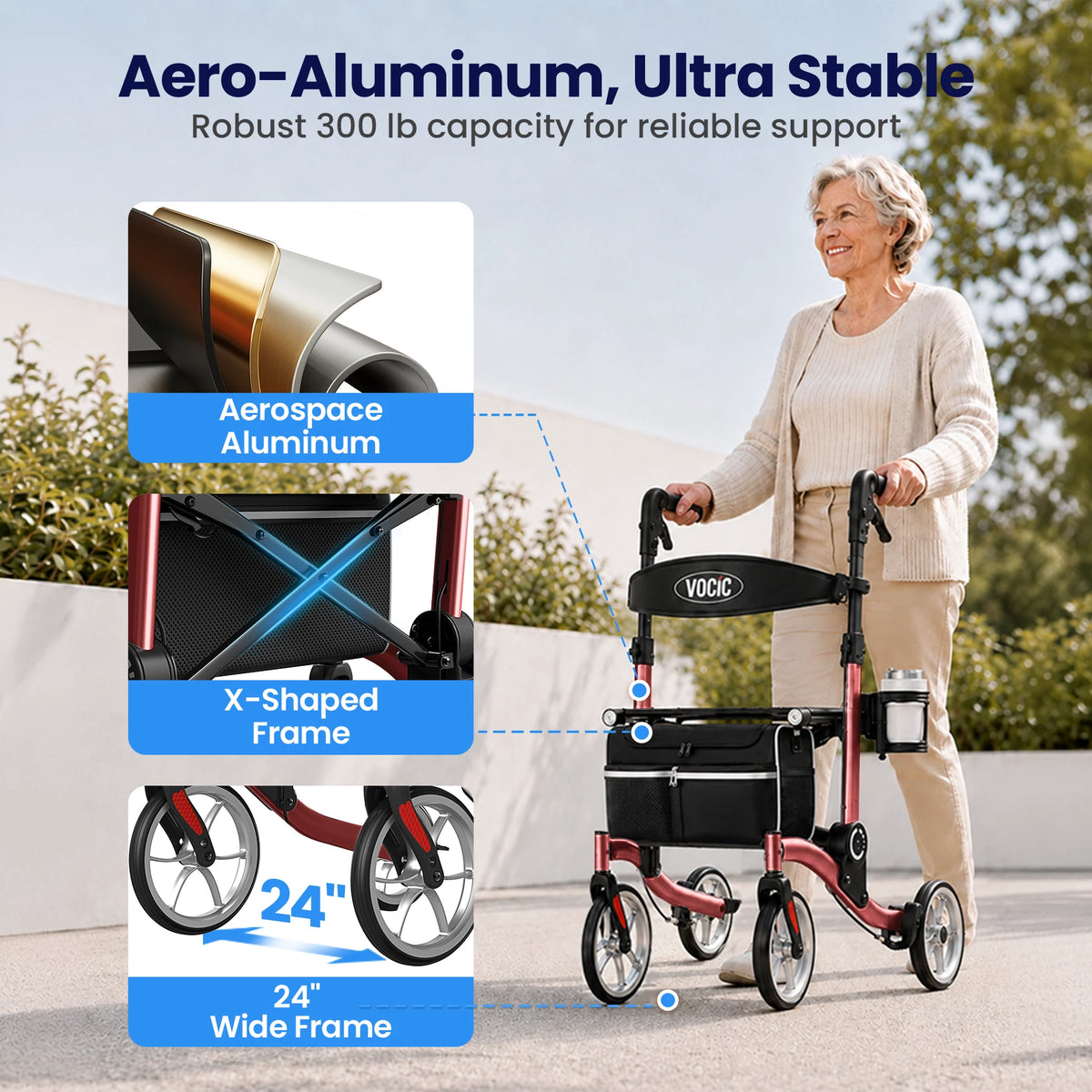 VOCIC 9.5" Wheels Ultralight Walker for Seniors with Seat, Z36
