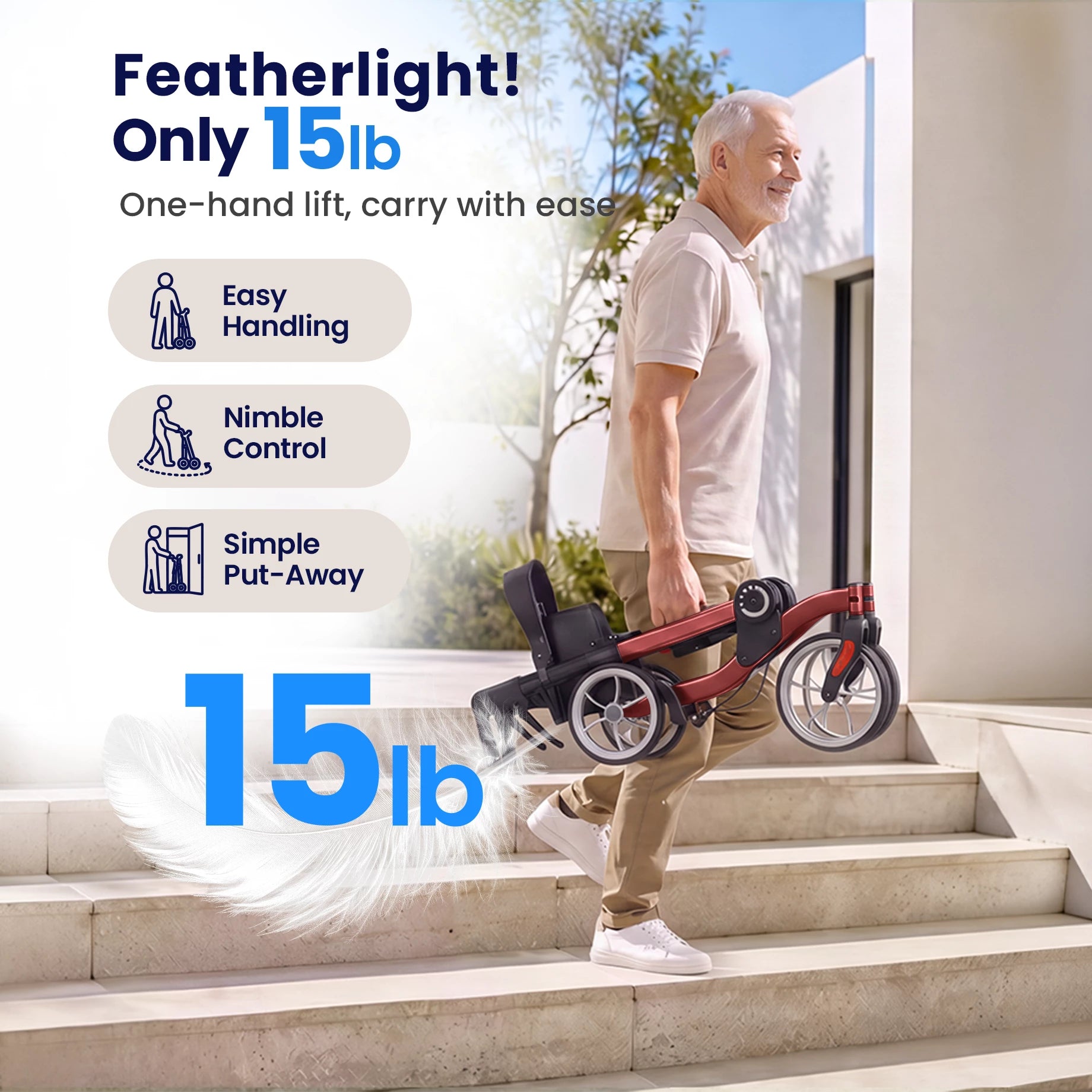 VOCIC 9.5" Wheels Ultralight Walker for Seniors with Seat, Z36
