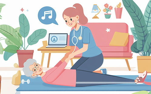 A caregiver helps the elderly do the  aerobic exercise