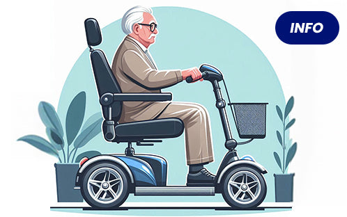 The senior is driving a 4 wheel mobility scooter