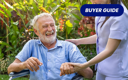 A caregiver is helping the senior with walking mobility 