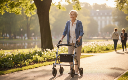 A senior using a rollator walker.