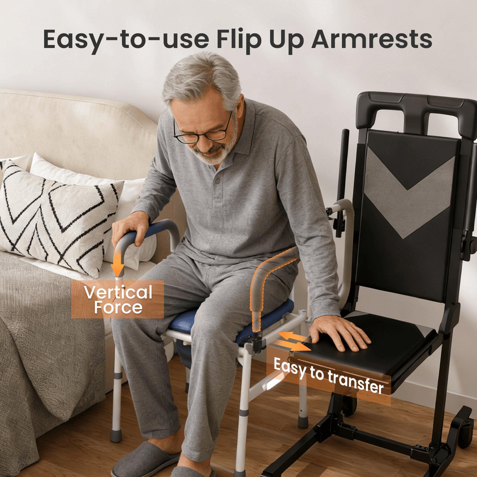 VOCIC 3-in-1 Rolling Bedside Commode Chair for Seniors & Home Care, YR11
