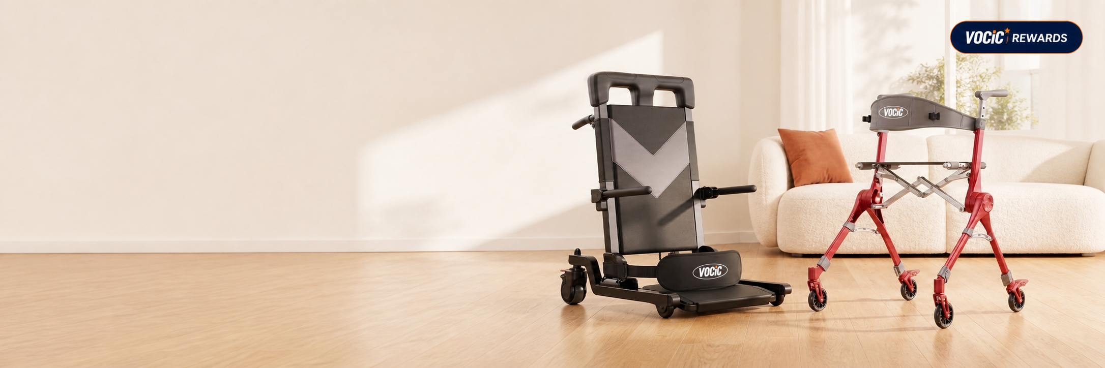 VOCIC wheelchair and rollator in a bright living room