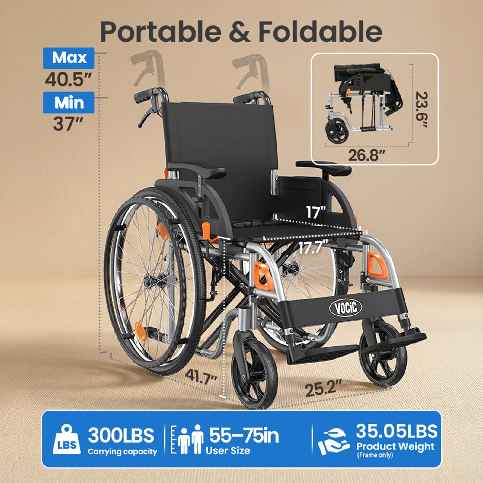 VOCIC Ultra Lightweight Manual Wheelchair, U32