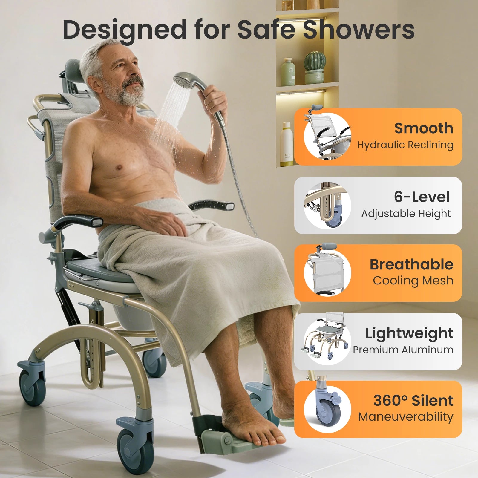 VOCIC Reclining Shower Chair with Wheels