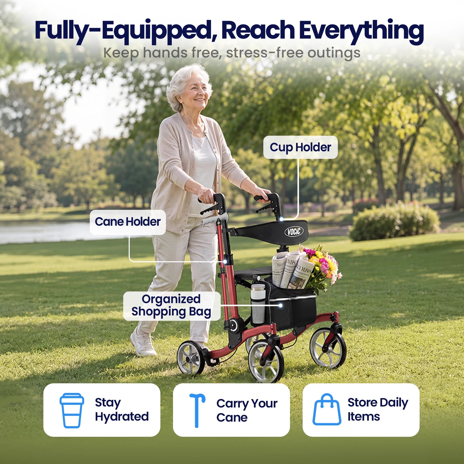 VOCIC 9.5" Wheels Ultralight Walker for Seniors with Seat, Z36