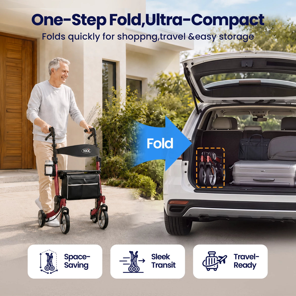 VOCIC 9.5" Wheels Ultralight Walker for Seniors with Seat, Z36