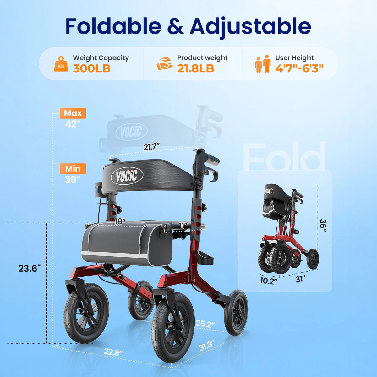 VOCIC Z57 Outdoor Rollator with 12" All Terrain Big Wheels